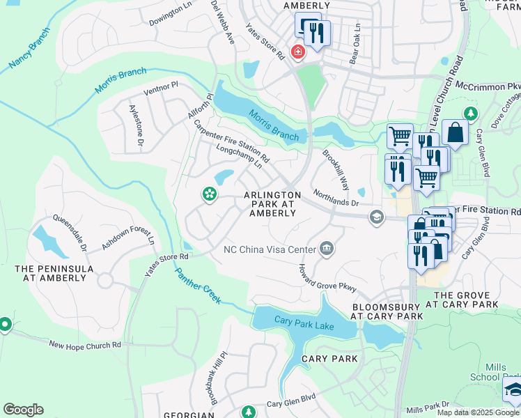 map of restaurants, bars, coffee shops, grocery stores, and more near 606 Shale Gray Court in Cary