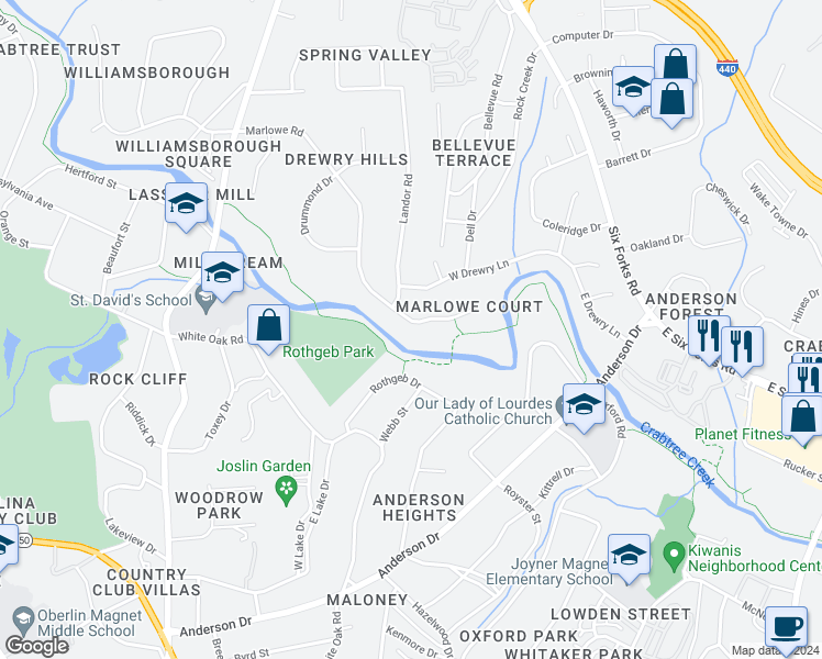 map of restaurants, bars, coffee shops, grocery stores, and more near 321 Marlowe Road in Raleigh