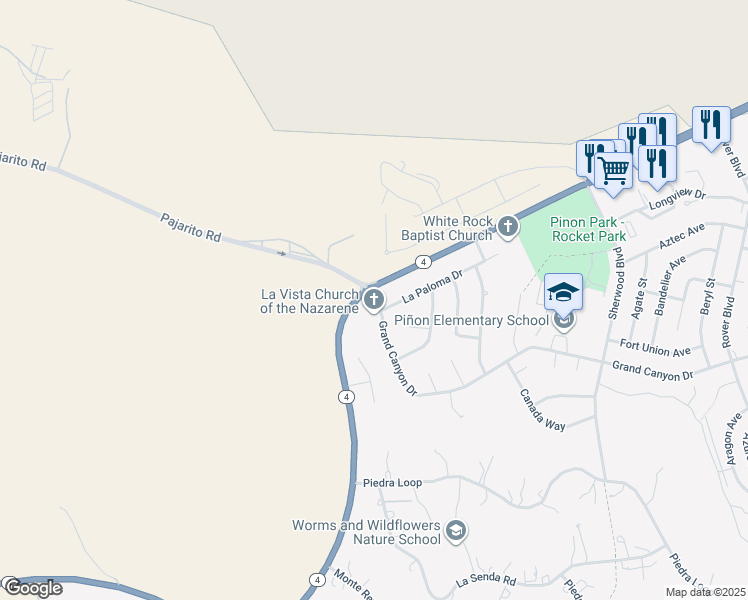 map of restaurants, bars, coffee shops, grocery stores, and more near 9999 Grand Canyon Drive in Los Alamos