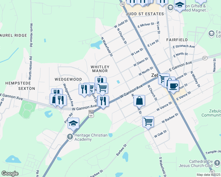 map of restaurants, bars, coffee shops, grocery stores, and more near 513 West Franklin Street in Zebulon