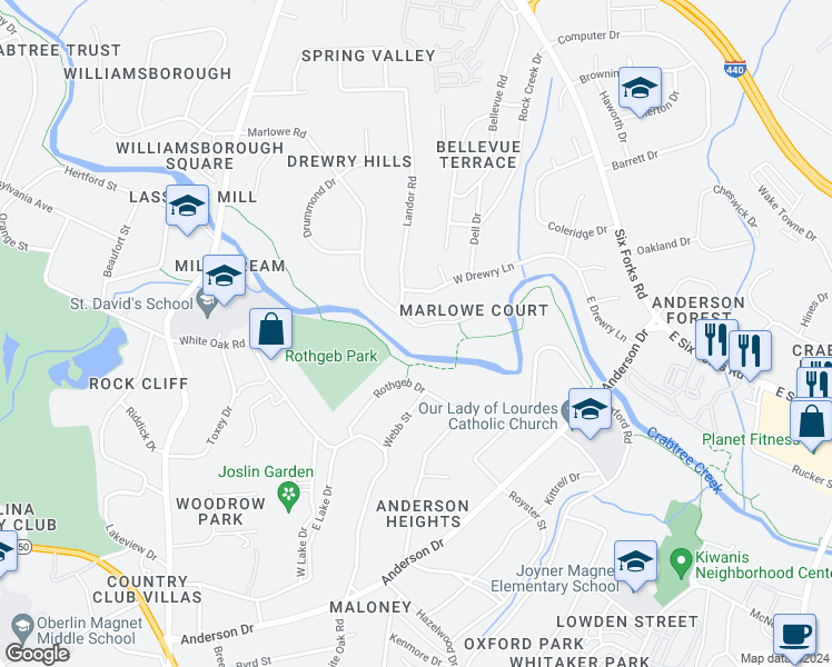 map of restaurants, bars, coffee shops, grocery stores, and more near 321 Marlowe Road in Raleigh