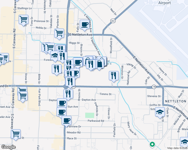 map of restaurants, bars, coffee shops, grocery stores, and more near 3000 East Highland Drive in Jonesboro