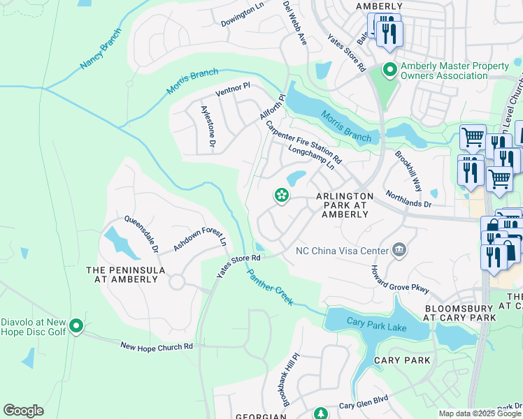 map of restaurants, bars, coffee shops, grocery stores, and more near 3004 Remington Oaks Circle in Cary