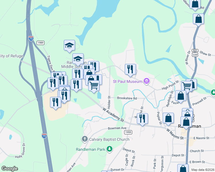 map of restaurants, bars, coffee shops, grocery stores, and more near 217 Holder Street in Randleman