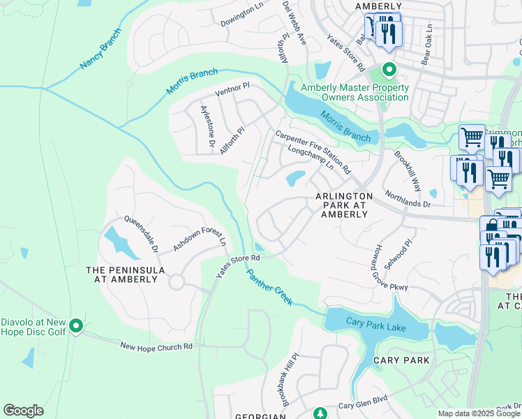 map of restaurants, bars, coffee shops, grocery stores, and more near 3004 Remington Oaks Circle in Cary