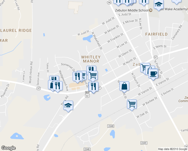 map of restaurants, bars, coffee shops, grocery stores, and more near 513 West Franklin Street in Zebulon