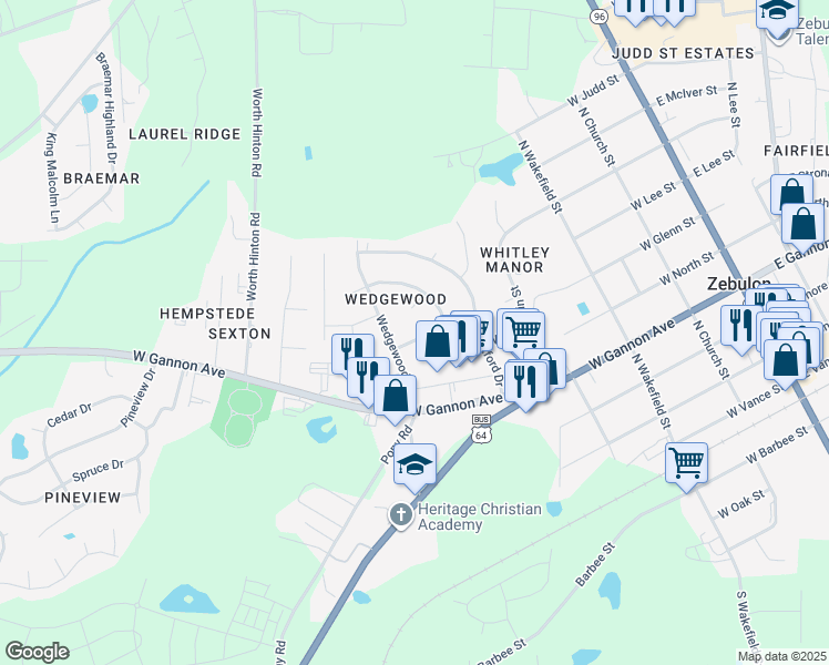 map of restaurants, bars, coffee shops, grocery stores, and more near 514 West Cambridge Drive in Zebulon
