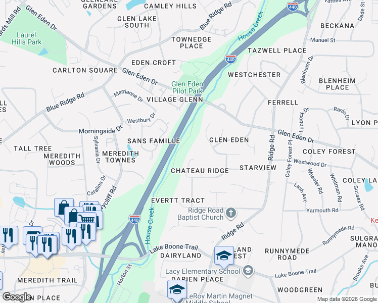 map of restaurants, bars, coffee shops, grocery stores, and more near 2929 Debra Drive in Raleigh