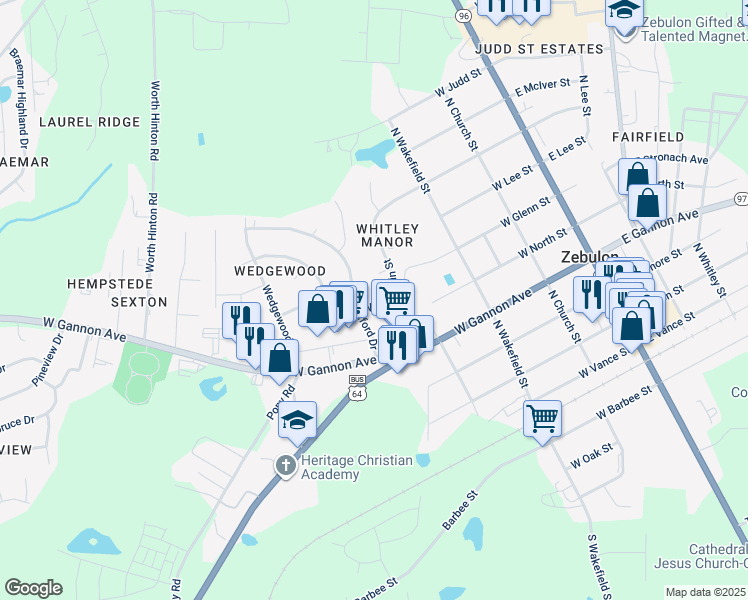 map of restaurants, bars, coffee shops, grocery stores, and more near 516 West Franklin Street in Zebulon