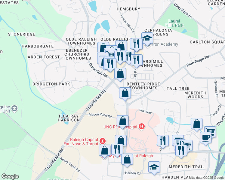 map of restaurants, bars, coffee shops, grocery stores, and more near 3101 Duraleigh Road in Raleigh