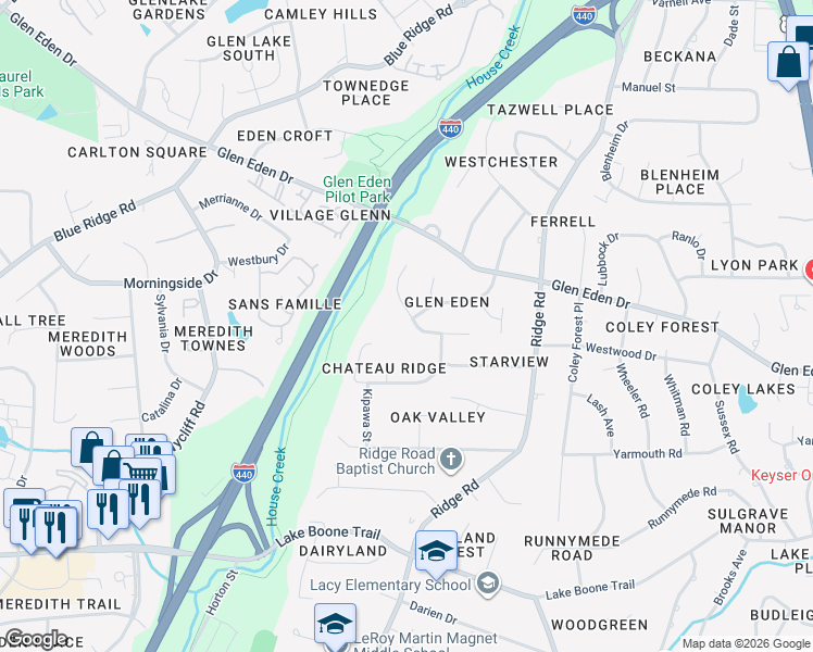map of restaurants, bars, coffee shops, grocery stores, and more near 1313 Granada Drive in Raleigh