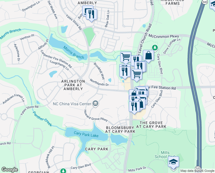 map of restaurants, bars, coffee shops, grocery stores, and more near 316 Northlands Drive in Cary