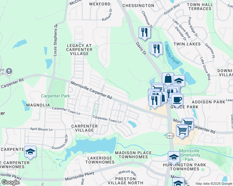 map of restaurants, bars, coffee shops, grocery stores, and more near 154 Mazarin Lane in Cary
