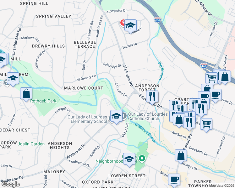 map of restaurants, bars, coffee shops, grocery stores, and more near 204 East Drewry Lane in Raleigh