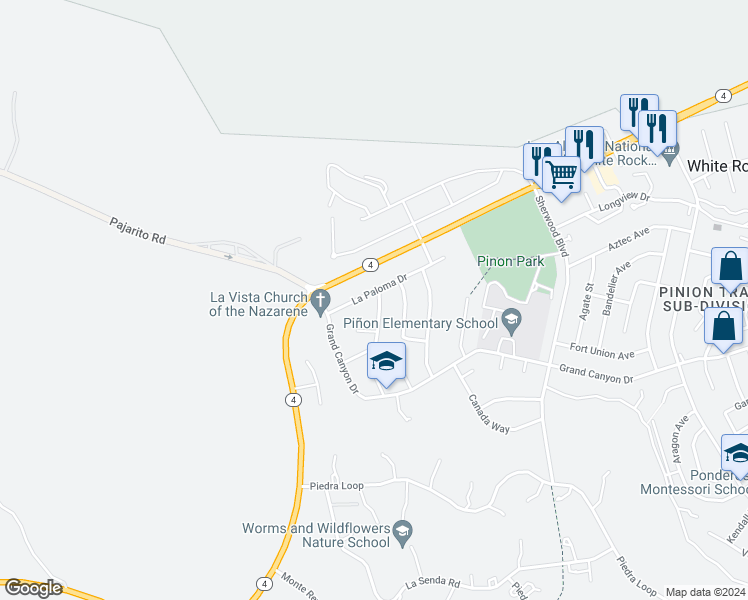 map of restaurants, bars, coffee shops, grocery stores, and more near 53 La Paloma Dr in Los Alamos