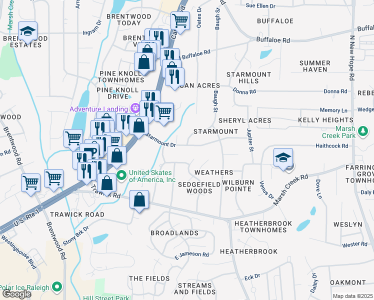 map of restaurants, bars, coffee shops, grocery stores, and more near 3226 Starmount Drive in Raleigh