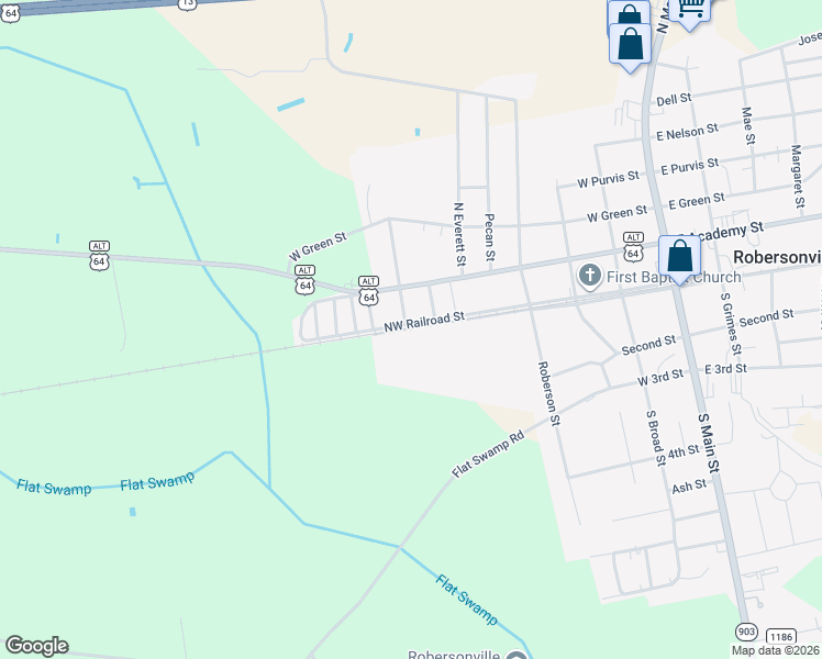 map of restaurants, bars, coffee shops, grocery stores, and more near 401-499 Southwest Railroad Street in Robersonville