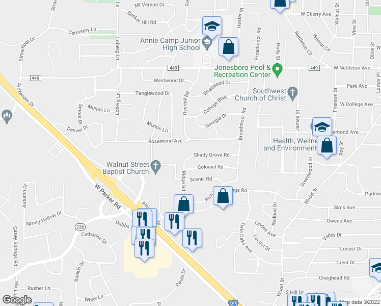 map of restaurants, bars, coffee shops, grocery stores, and more near 1812 Shady Grove Road in Jonesboro
