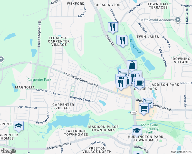 map of restaurants, bars, coffee shops, grocery stores, and more near 217 Mazarin Lane in Cary