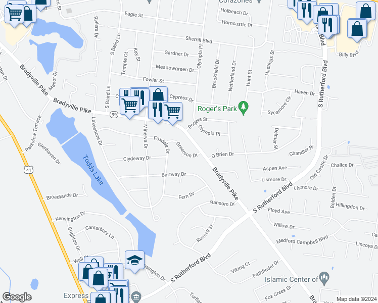 map of restaurants, bars, coffee shops, grocery stores, and more near 1903 Greerson Drive in Murfreesboro
