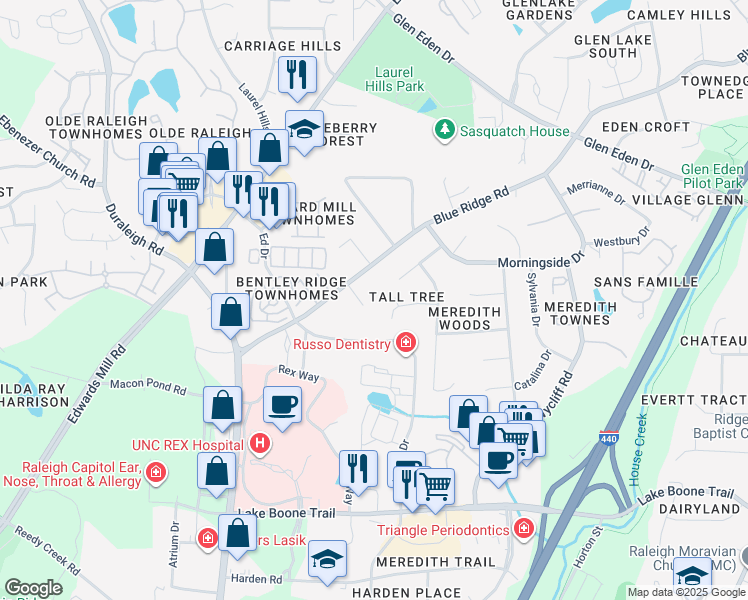 map of restaurants, bars, coffee shops, grocery stores, and more near 3104 Carovel Court in Raleigh