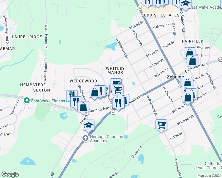 map of restaurants, bars, coffee shops, grocery stores, and more near 516 West Franklin Street in Zebulon