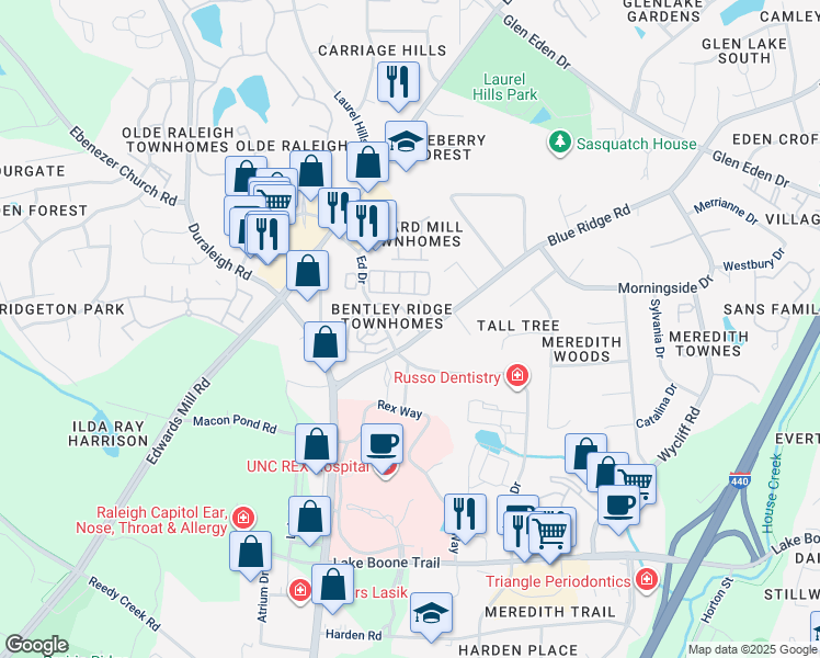 map of restaurants, bars, coffee shops, grocery stores, and more near 3905 Bentley Bridge Road in Raleigh