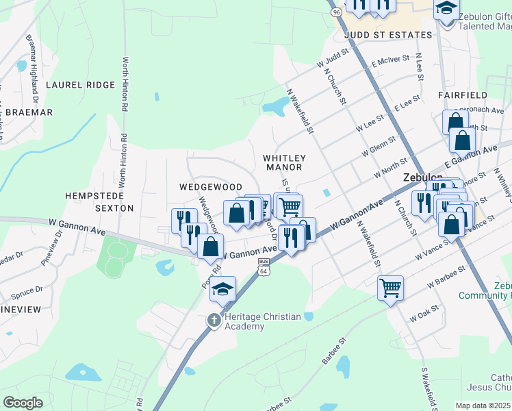 map of restaurants, bars, coffee shops, grocery stores, and more near 502 West Cambridge Drive in Zebulon