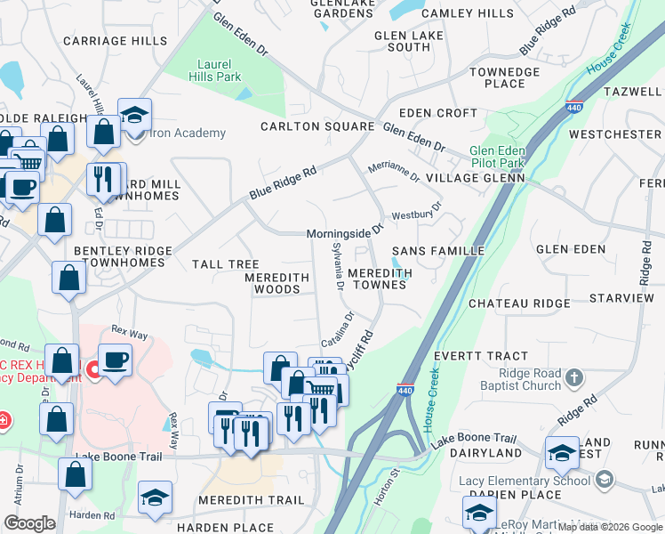 map of restaurants, bars, coffee shops, grocery stores, and more near 2916 Glen Burnie Drive in Raleigh