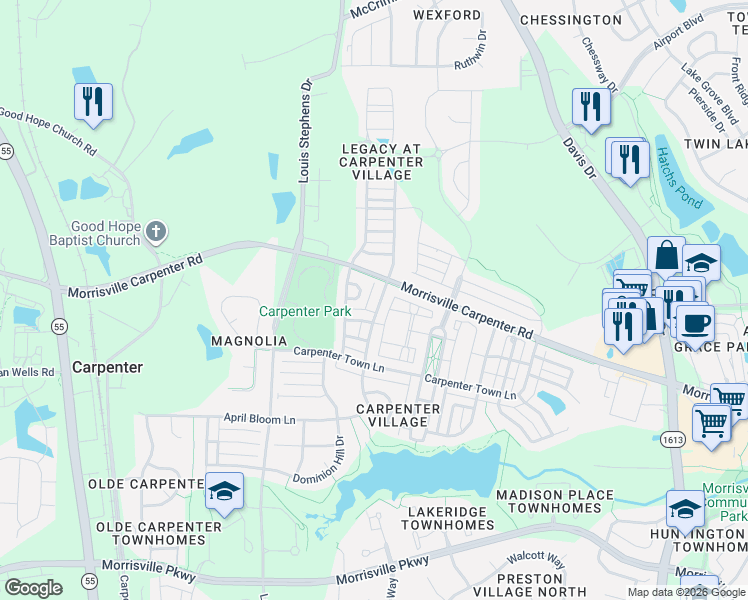 map of restaurants, bars, coffee shops, grocery stores, and more near 208 Lord Levens Lane in Cary