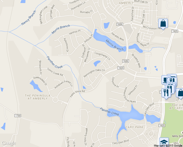 map of restaurants, bars, coffee shops, grocery stores, and more near 2027 Remington Oaks Circle in Cary