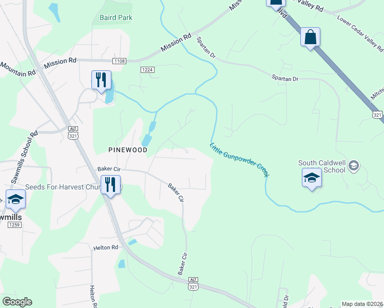 map of restaurants, bars, coffee shops, grocery stores, and more near 2665 Blackburn Court in Granite Falls