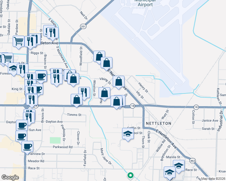 map of restaurants, bars, coffee shops, grocery stores, and more near 1805 Fairlane Avenue in Jonesboro