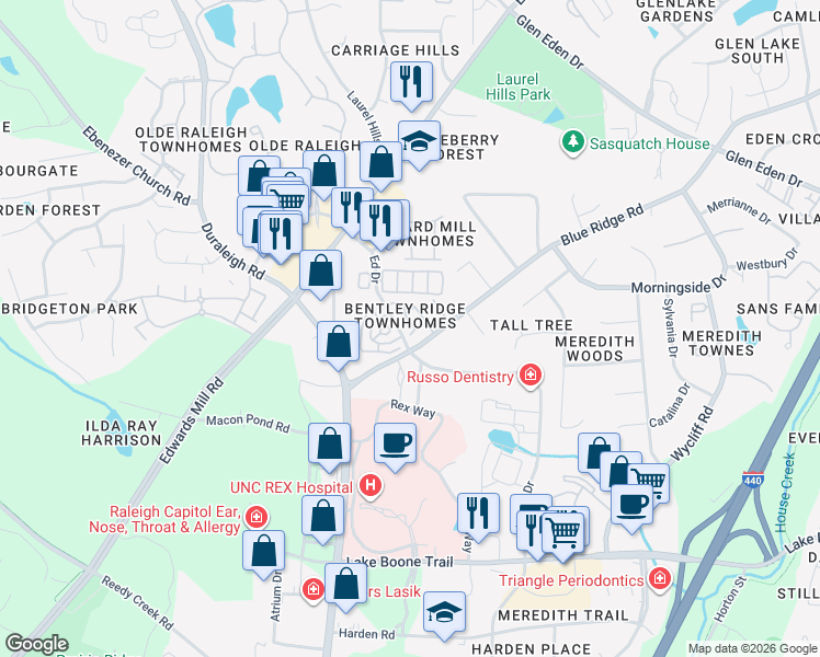 map of restaurants, bars, coffee shops, grocery stores, and more near 3105 Bentley Forest Trail in Raleigh