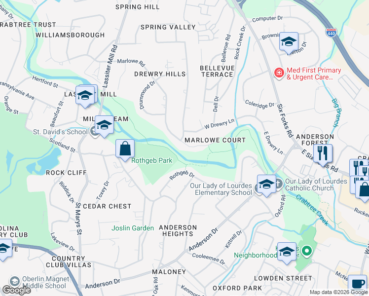 map of restaurants, bars, coffee shops, grocery stores, and more near 323 Marlowe Road in Raleigh