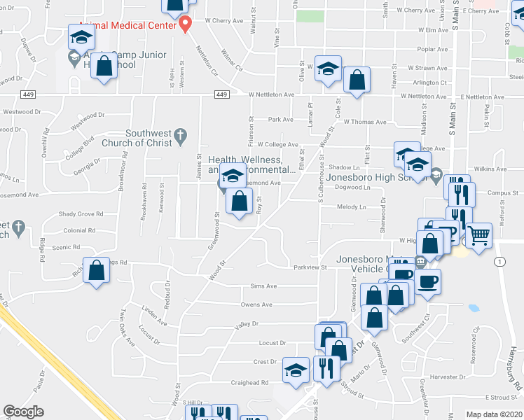 map of restaurants, bars, coffee shops, grocery stores, and more near 1822 Roy Street in Jonesboro