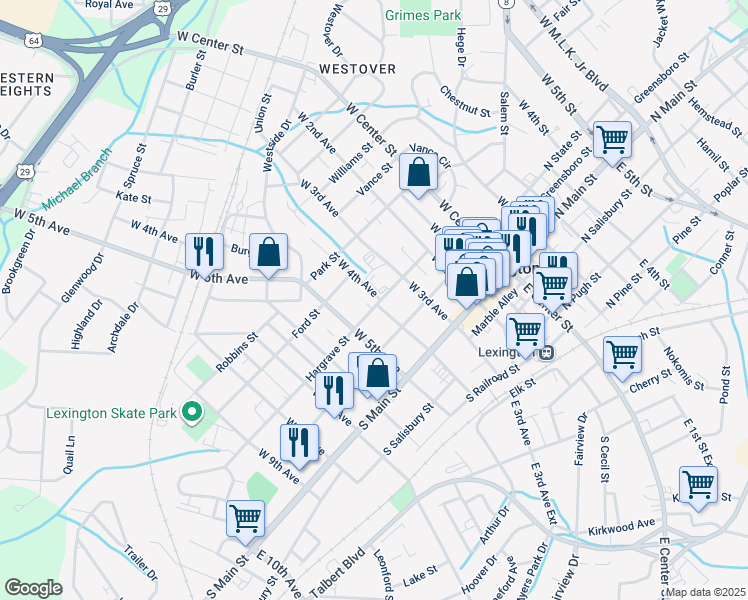 map of restaurants, bars, coffee shops, grocery stores, and more near 402 Hargrave Street in Lexington