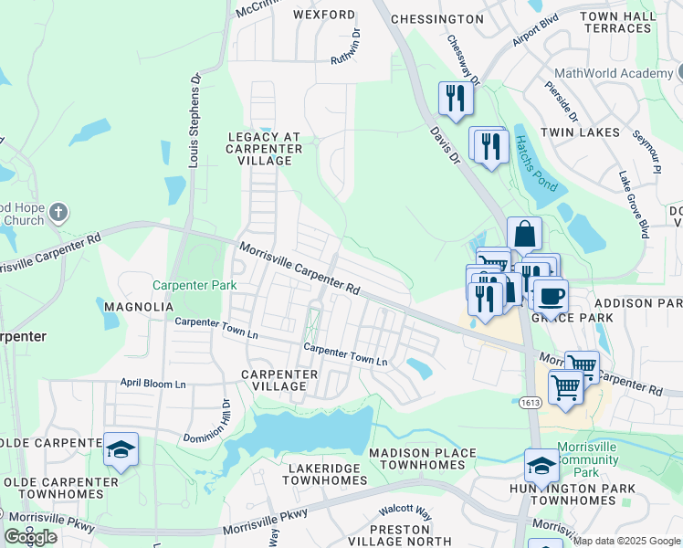 map of restaurants, bars, coffee shops, grocery stores, and more near 310 Clementine Drive in Cary