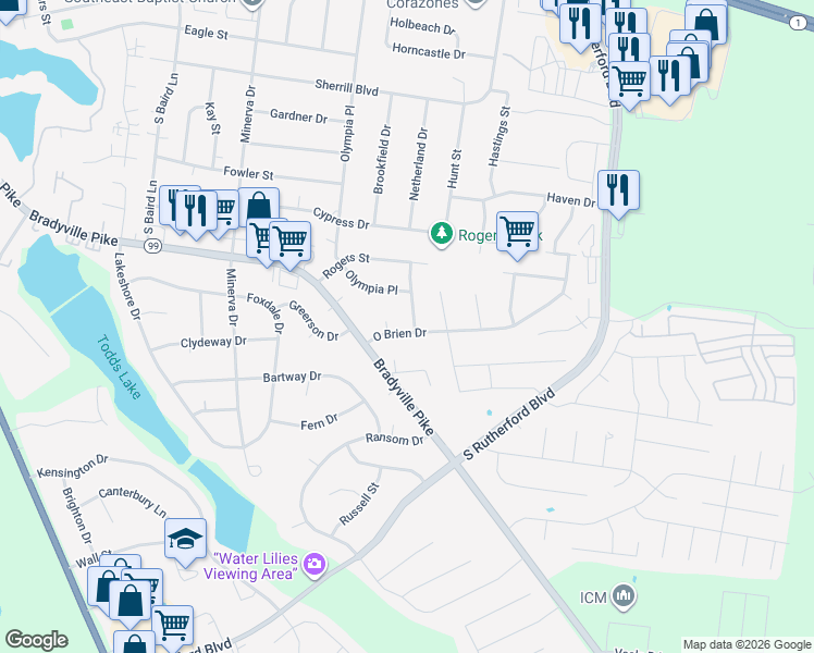 map of restaurants, bars, coffee shops, grocery stores, and more near 2031 O Brien Drive in Murfreesboro