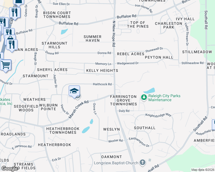 map of restaurants, bars, coffee shops, grocery stores, and more near 4016 Haithcock Road in Raleigh