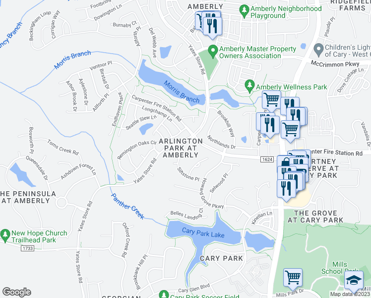 map of restaurants, bars, coffee shops, grocery stores, and more near 531 Siltstone Place in Cary