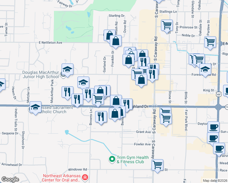 map of restaurants, bars, coffee shops, grocery stores, and more near 1814 Ivy Point Cove in Jonesboro