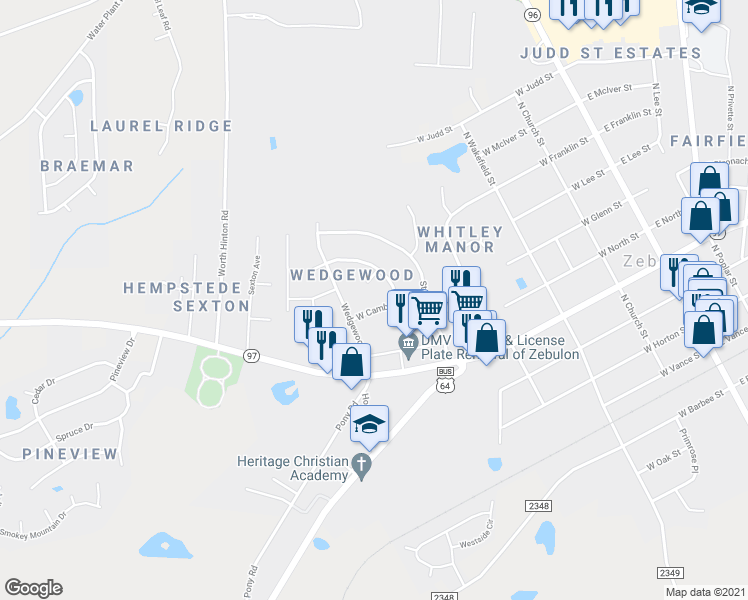 map of restaurants, bars, coffee shops, grocery stores, and more near 514 West Cambridge Drive in Zebulon