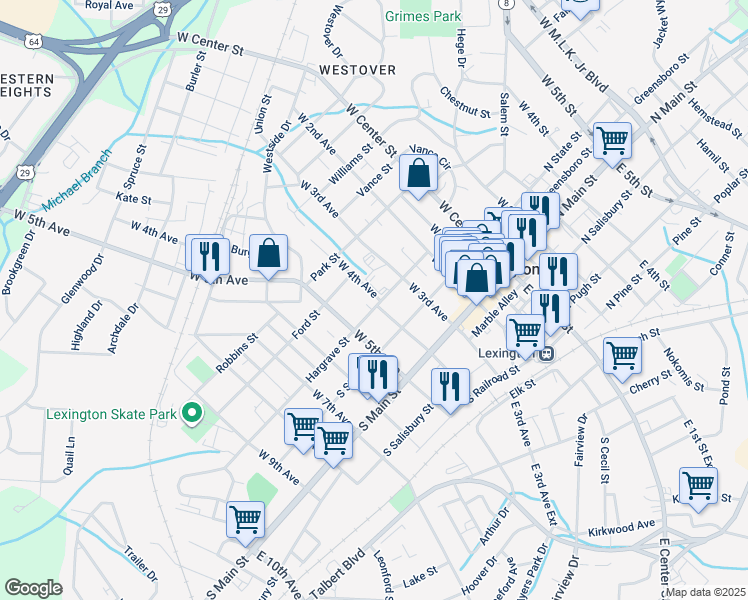 map of restaurants, bars, coffee shops, grocery stores, and more near 402 Hargrave Street in Lexington