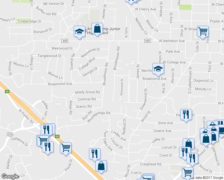 map of restaurants, bars, coffee shops, grocery stores, and more near 1821 Brookhaven Road in Jonesboro