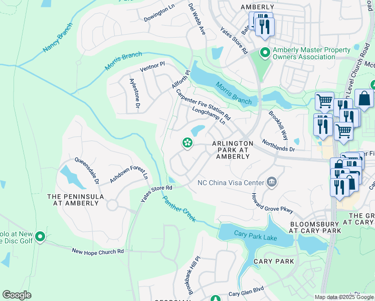 map of restaurants, bars, coffee shops, grocery stores, and more near 2027 Remington Oaks Circle in Cary