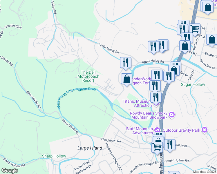 map of restaurants, bars, coffee shops, grocery stores, and more near 516 Orchard Valley Way in Sevierville