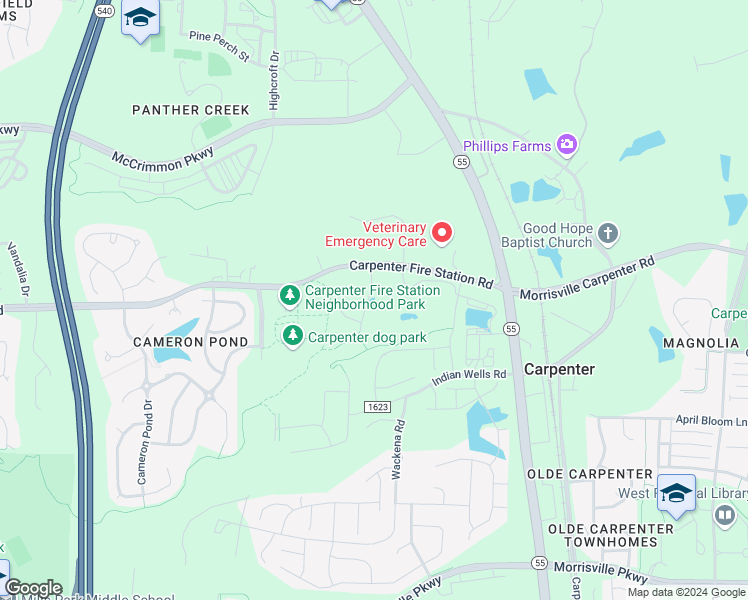 map of restaurants, bars, coffee shops, grocery stores, and more near 8029 Windthorn Place in Cary