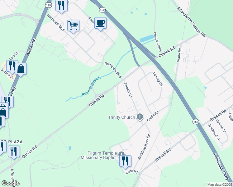 map of restaurants, bars, coffee shops, grocery stores, and more near 3620 Cardin Lane in Maryville