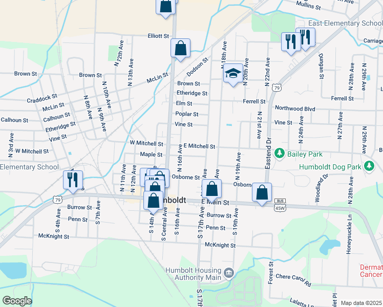 map of restaurants, bars, coffee shops, grocery stores, and more near 1621 Maple Street in Humboldt